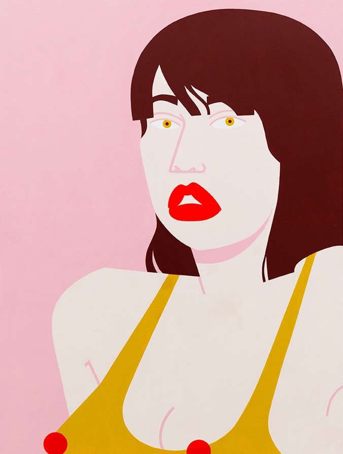 Painting of woman in yellow top and red lips on a pink background by Jillian Evelyn