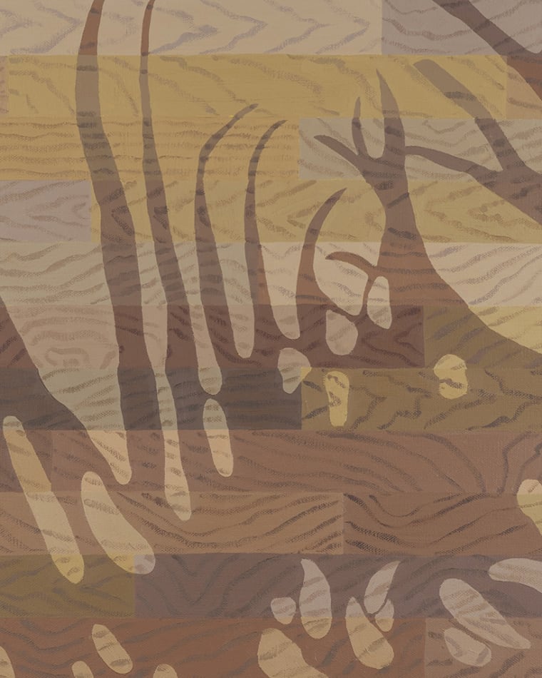 detail of Natalia Juncadella painting of wood floor with cast shadows from plant