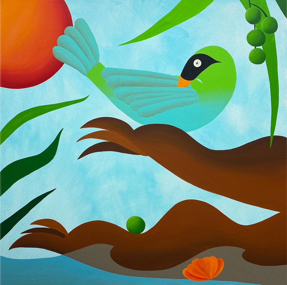 Bianca Nemelc painting of figure, birds and flowers