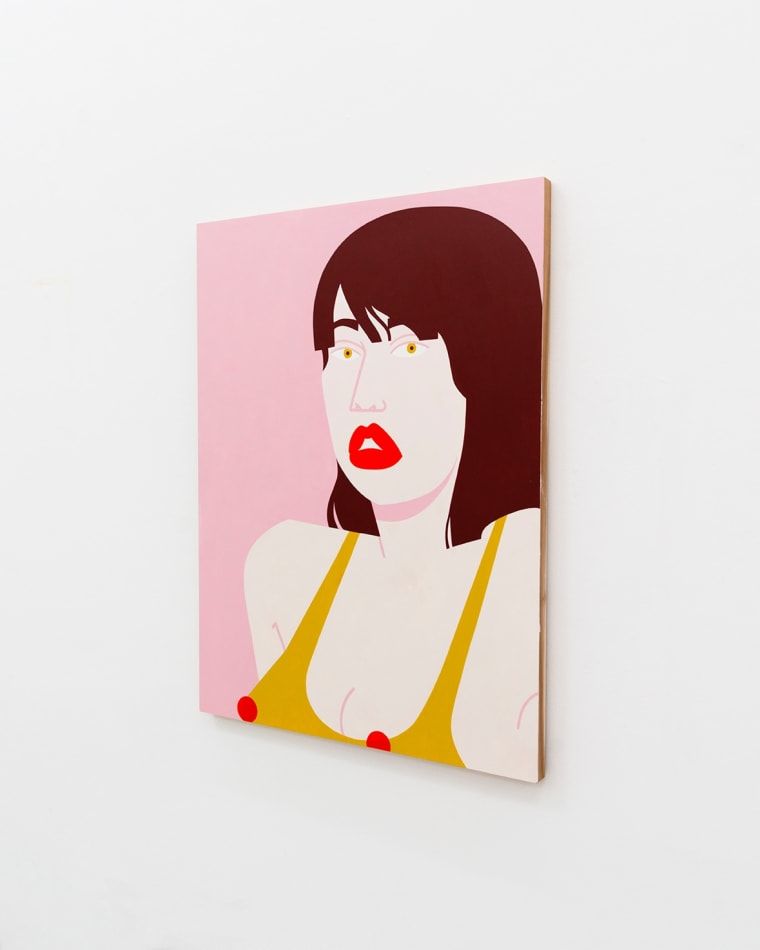 Painting of woman in yellow top and red lips on a pink background by Jillian Evelyn
