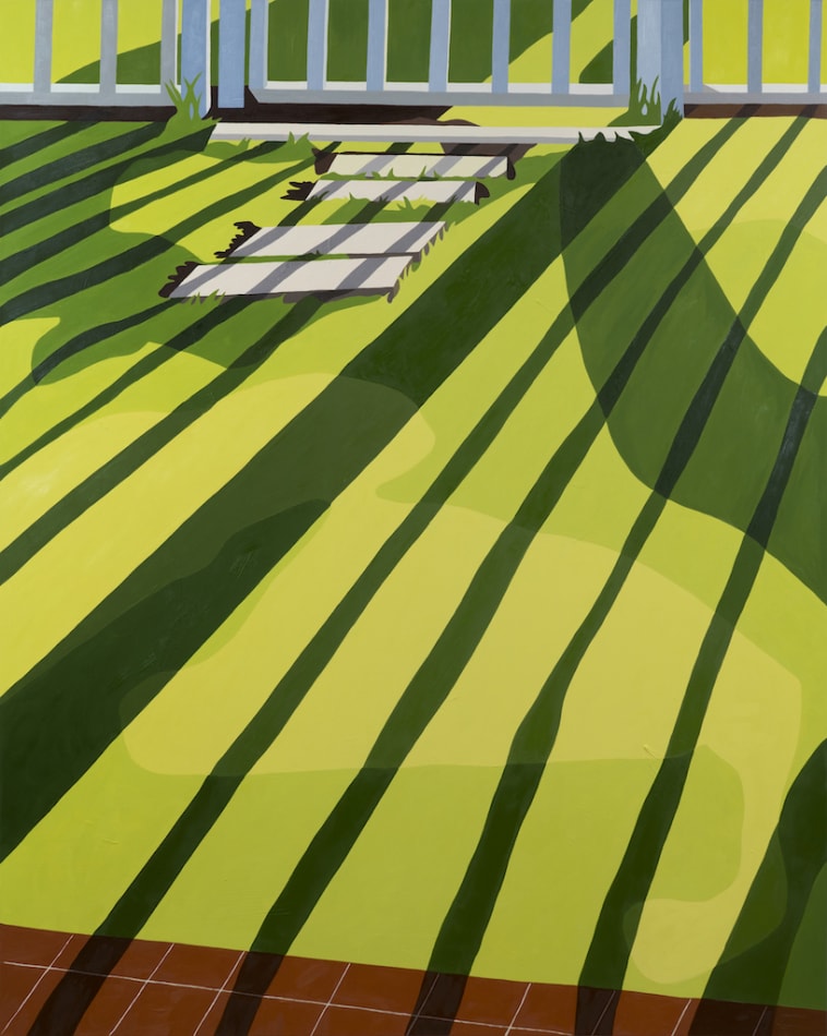 Natalia Juncadella painting of white fence and grass with shadows cast over it