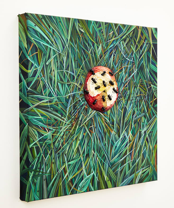 N Dyer painting of detailed grass with apple, a bit has been taken out of it and ants crawl on it
