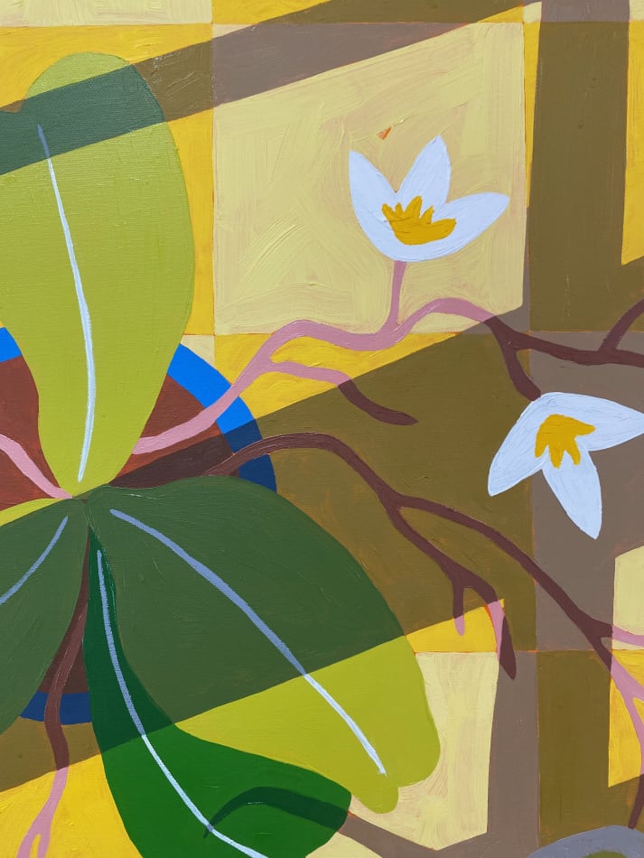 Natalia Juncadella yellow painting of plants, tabletop and shadows detail