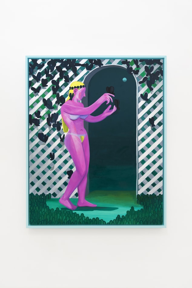 Corey K. Lamb - nude female figure with tan lines in front of latticed garden hedge
