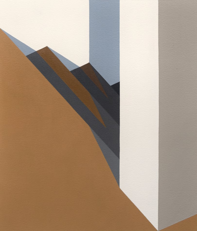Adrian Wong painting of brown staircase with white walls