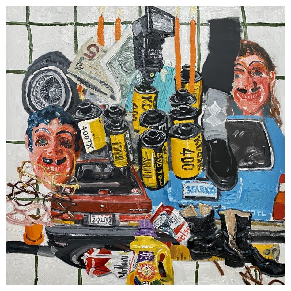 Emilio Villalba oil on canvas of film canisters, cars, cigarette packaging and masks