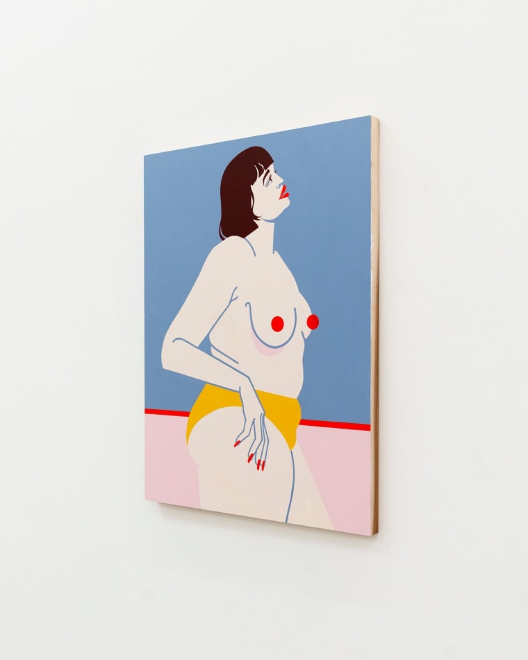 Painting of topless woman in yellow underwear by Jillian Evelyn