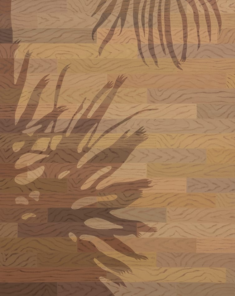 Natalia Juncadella painting of wood floor with cast shadows from plant