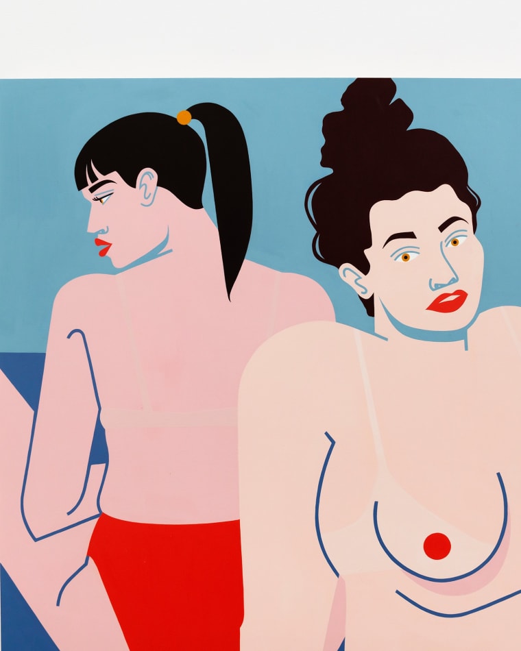 Painting of two woman sitting back to back topless by Jillian Evelyn
