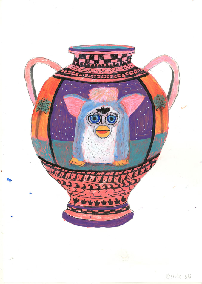 Studio Ski- colorful vase with a furry creature on the front