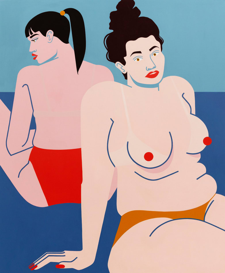 Painting of two woman sitting back to back topless by Jillian Evelyn