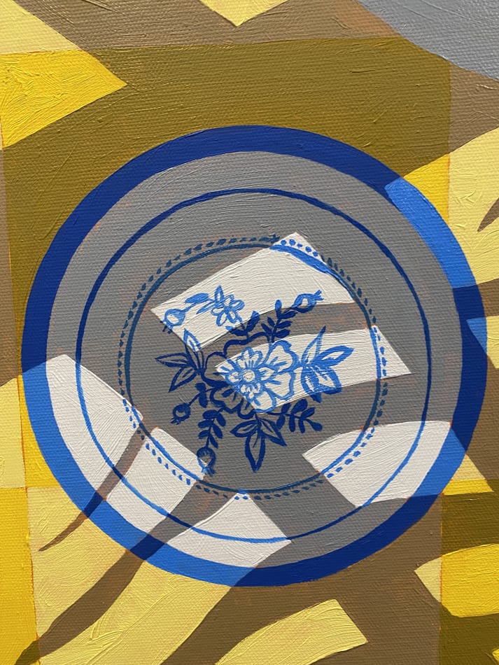 Natalia Juncadella yellow painting of plants, tabletop and shadows detail