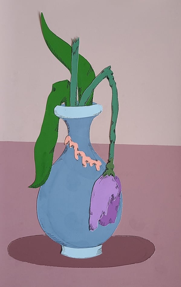 Allison Baker's piece on paper of a drooping flower in a blue vase