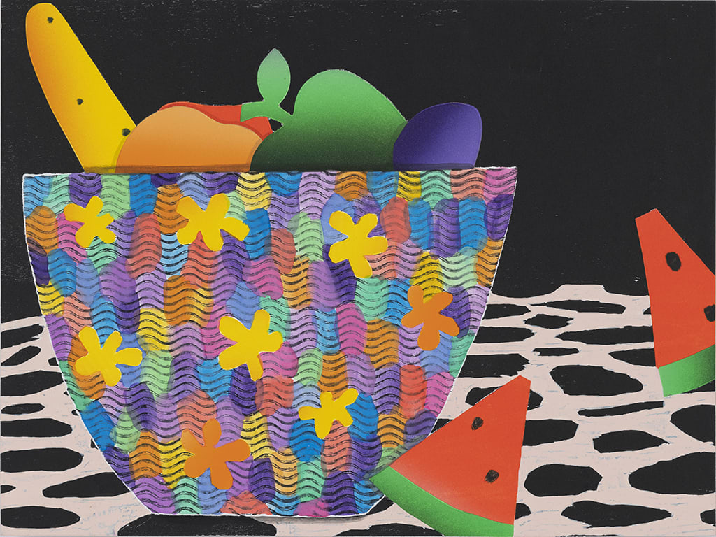 Karen Lederer painting of floral fruit bowl with watermelon slices and fruits
