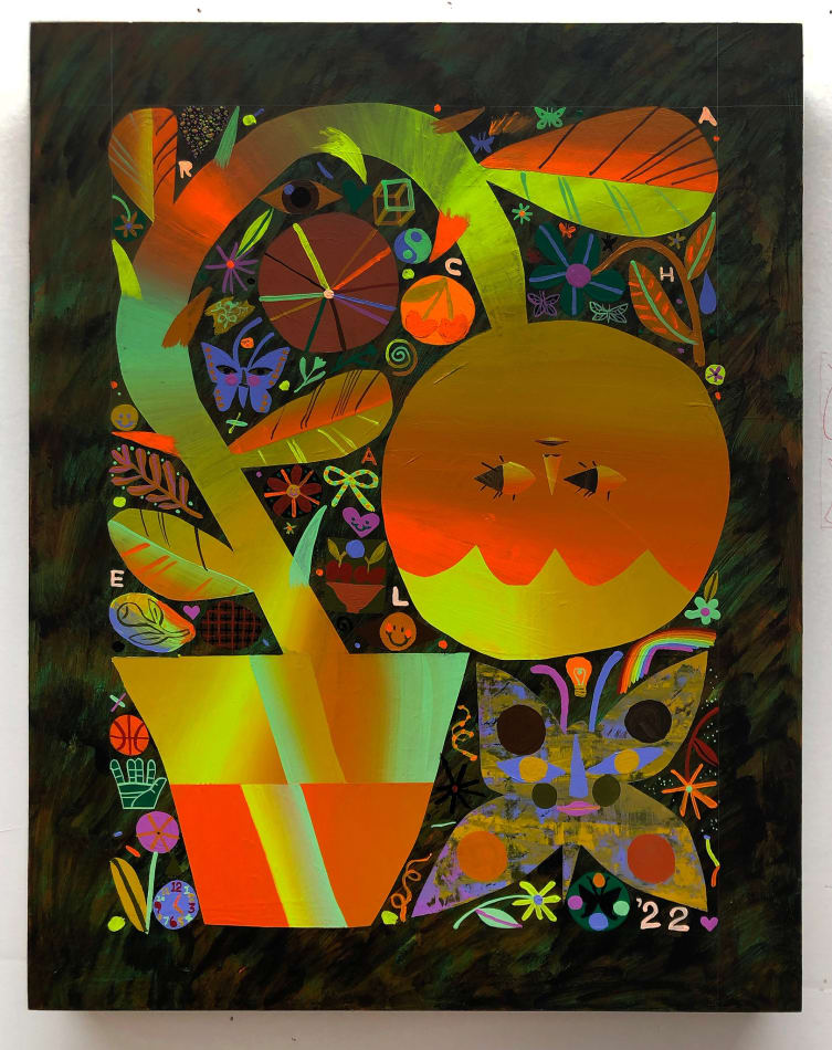 Rachel Hayden's piece oof orange flowers with a face