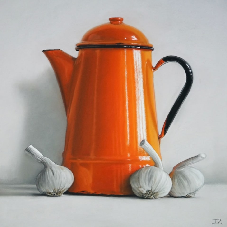 Ian Rawling, Orange Coffee Pot and Garlic, 2024