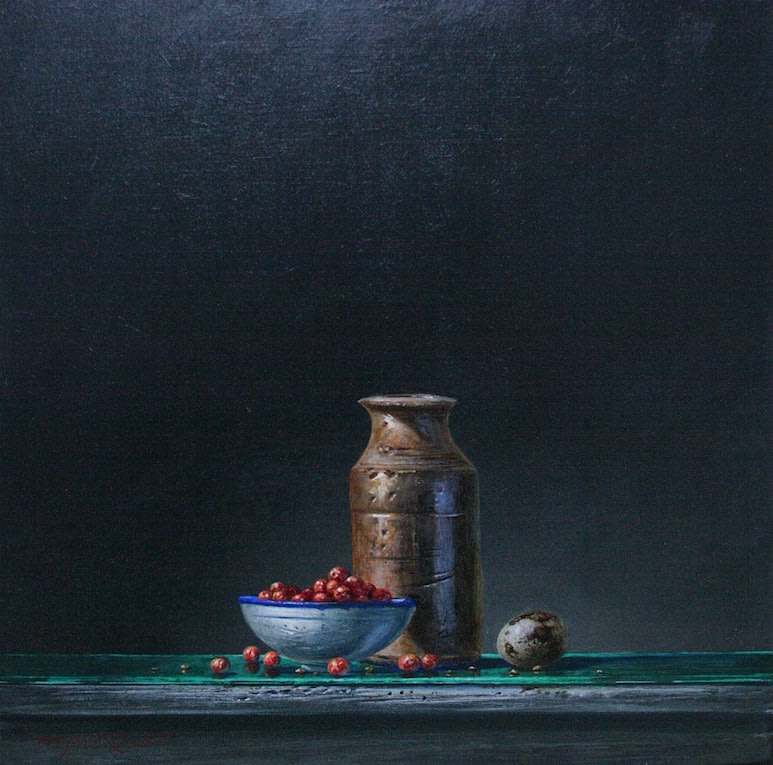 Bryan Hanlon, Earthenware Pot, Redcurrants and Quails Eggs, 2017