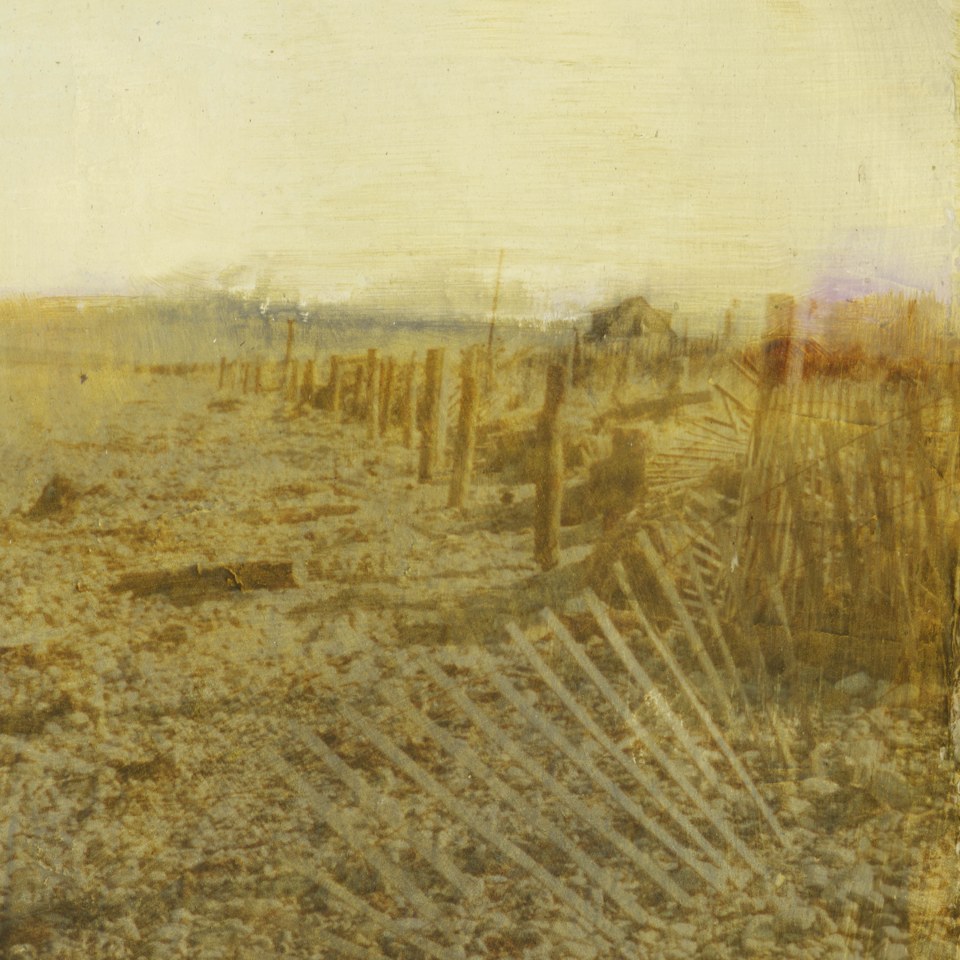 Dorothy Simpson Krause, Shack in the Dunes, 2006, UV cured flatbed print with silver leaf and mixed media, 32 x 32 in.