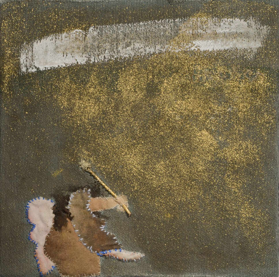 Melora Griffis, broken (wing triptych), 2017, acrylic, glitter, fabric, leather and thread mounted on wood panel, 12 x 12 in.