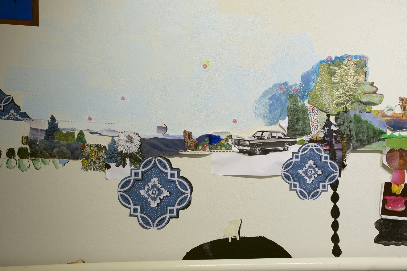 Detail, Found and Made (2016, site specific installation at The Bennington Museum, collage and paint on the gallery walls)