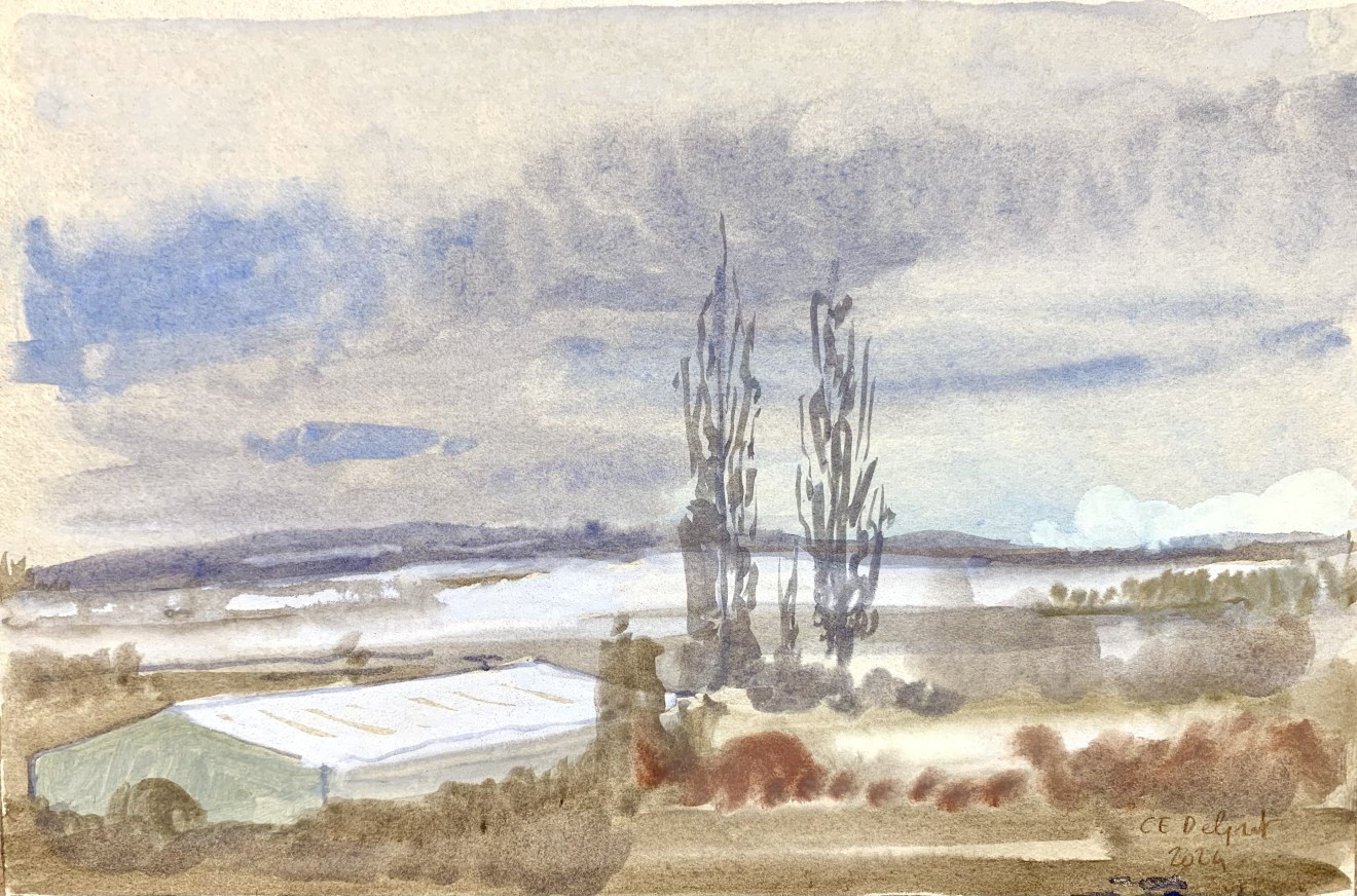 Charles-Élie Delprat, La neige depuis le train, entre Rouen et Paris, 2024