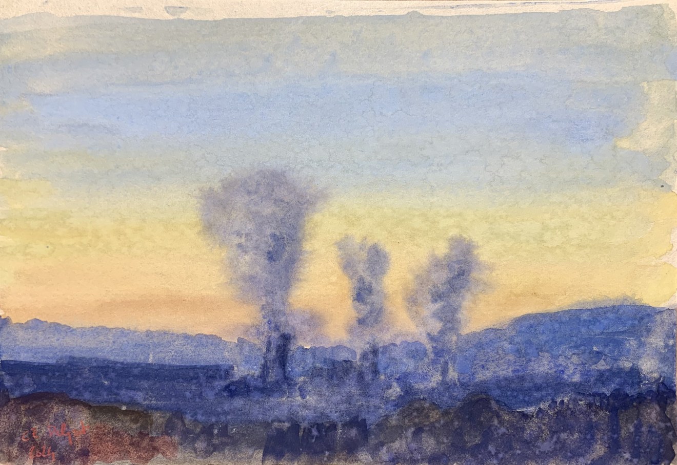 Charles-Élie Delprat, Les trois cheminées, près de Rouen depuis le train, 2024