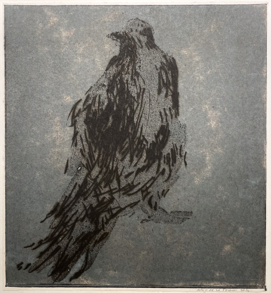 Astrid de La Forest, Empreinte (pigeon de dos, fond bleu), 2014
