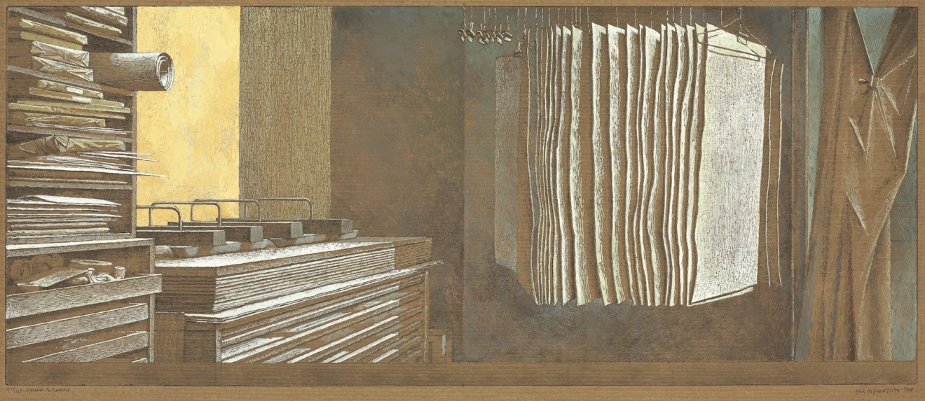 Érik Desmazières, Le Séchoir de l’atelier rue Hittorf (épreuve rehaussée), 2018