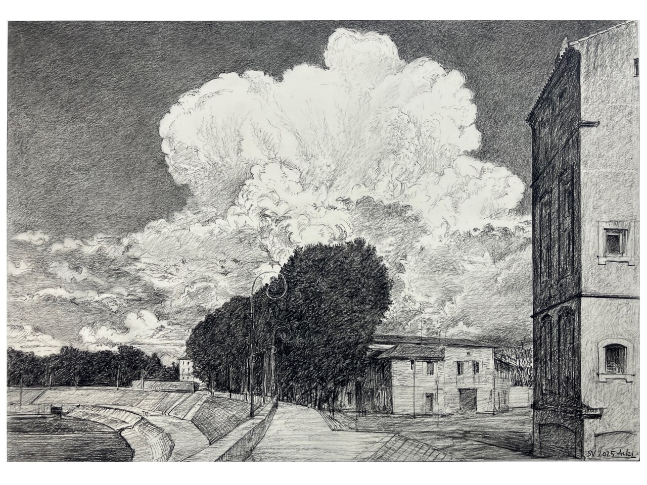 Simon Vignaud - Le Nuage silencieux, 2025, dessin à la pierre noire, 31 x 44 cm