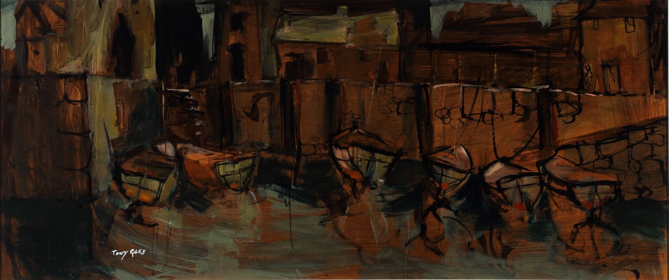TONY GILES, BOATS AGAINST A HARBOUR WALL