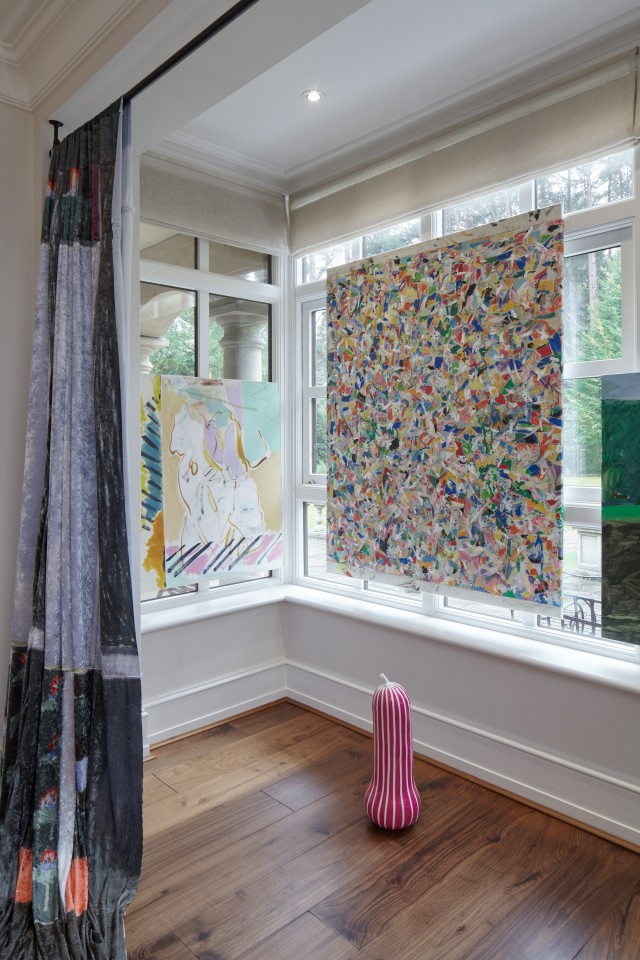 Marie Jacotey (curtains), Jon Pilkington (painting on window to left), Jonathan Trayte (sculpture on floor) and Bobby Dowler (painting on window to right)