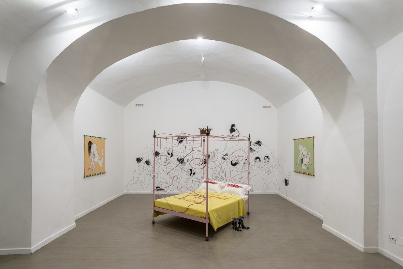 Saelia Aparicio (left, wall mural and right), Charlotte Colbert (bed in centre) and Lindsey Mendick (centre)