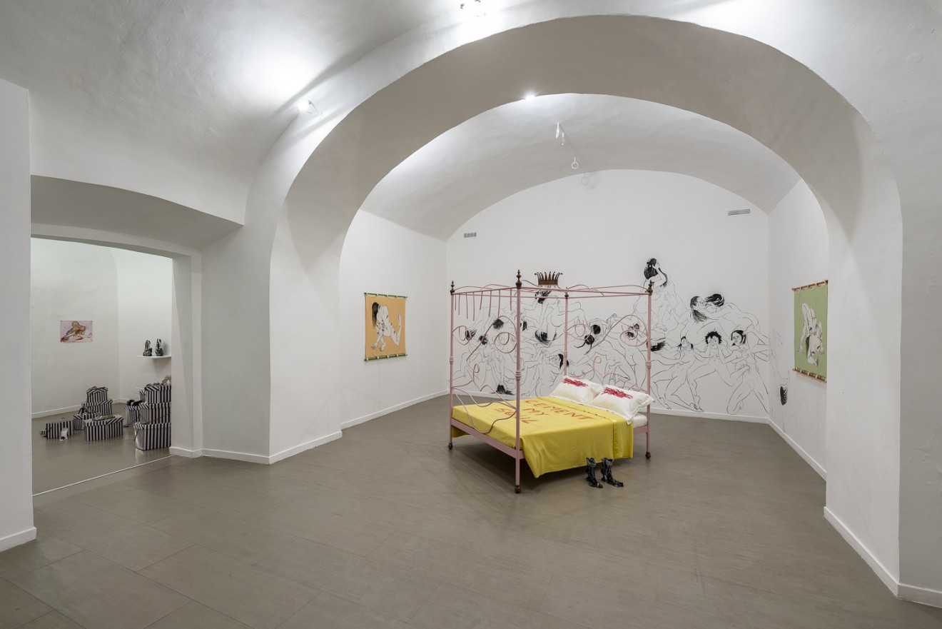 Florence Peake (left), Proudick (Lindsey Mendick and Paloma Proudfoot) (left), Saelia Aparicio (wall on left), Charlotte Colbert (bed in centre) and Lindsey Mendick (centre on floor)