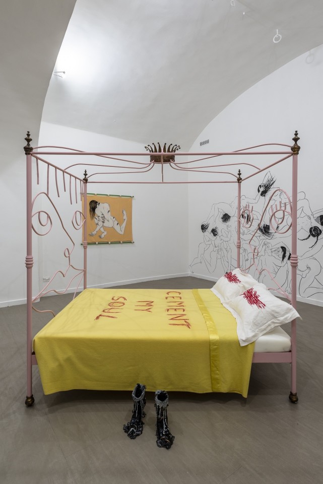 Saelia Aparicio (on walls), Charlotte Colbert (bed in centre) and Lindsey Mendick (centre)