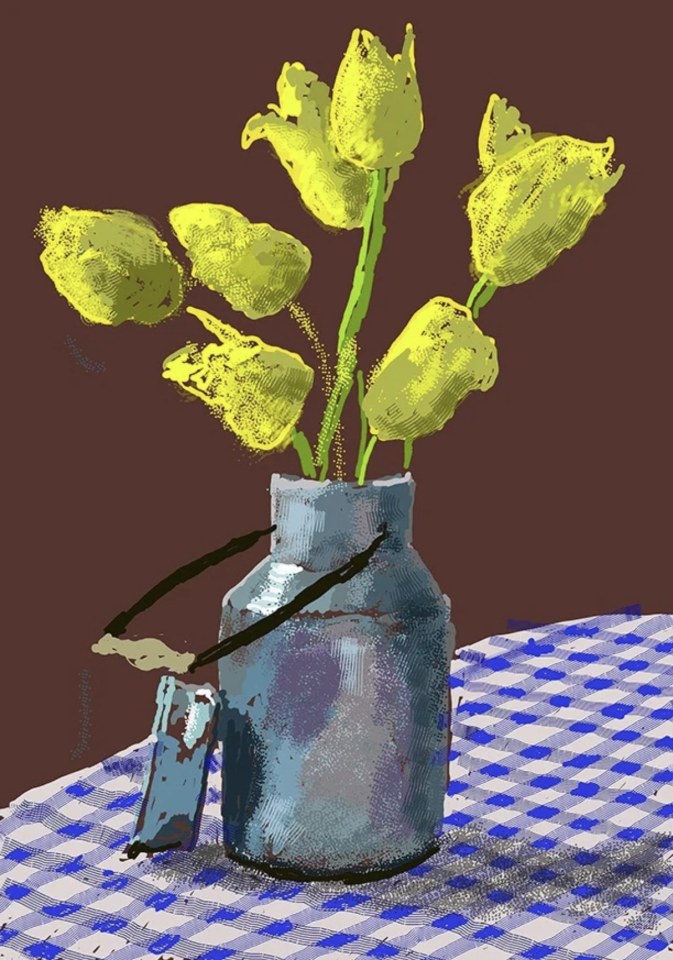 David Hockney, 21st April 2021, Yellow Flowers in a Small Milk Churn, 2021