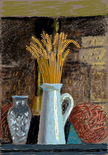 David Hockney, Glass Vase, Jug and Wheat, 2020