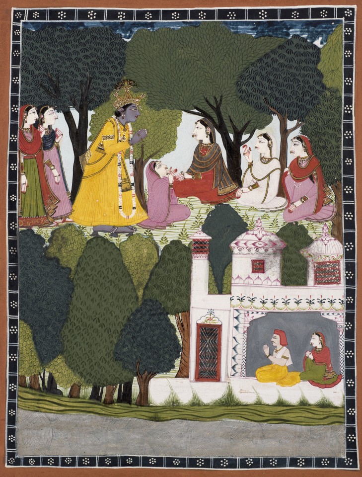 A remorseful Krishna approaches Radha