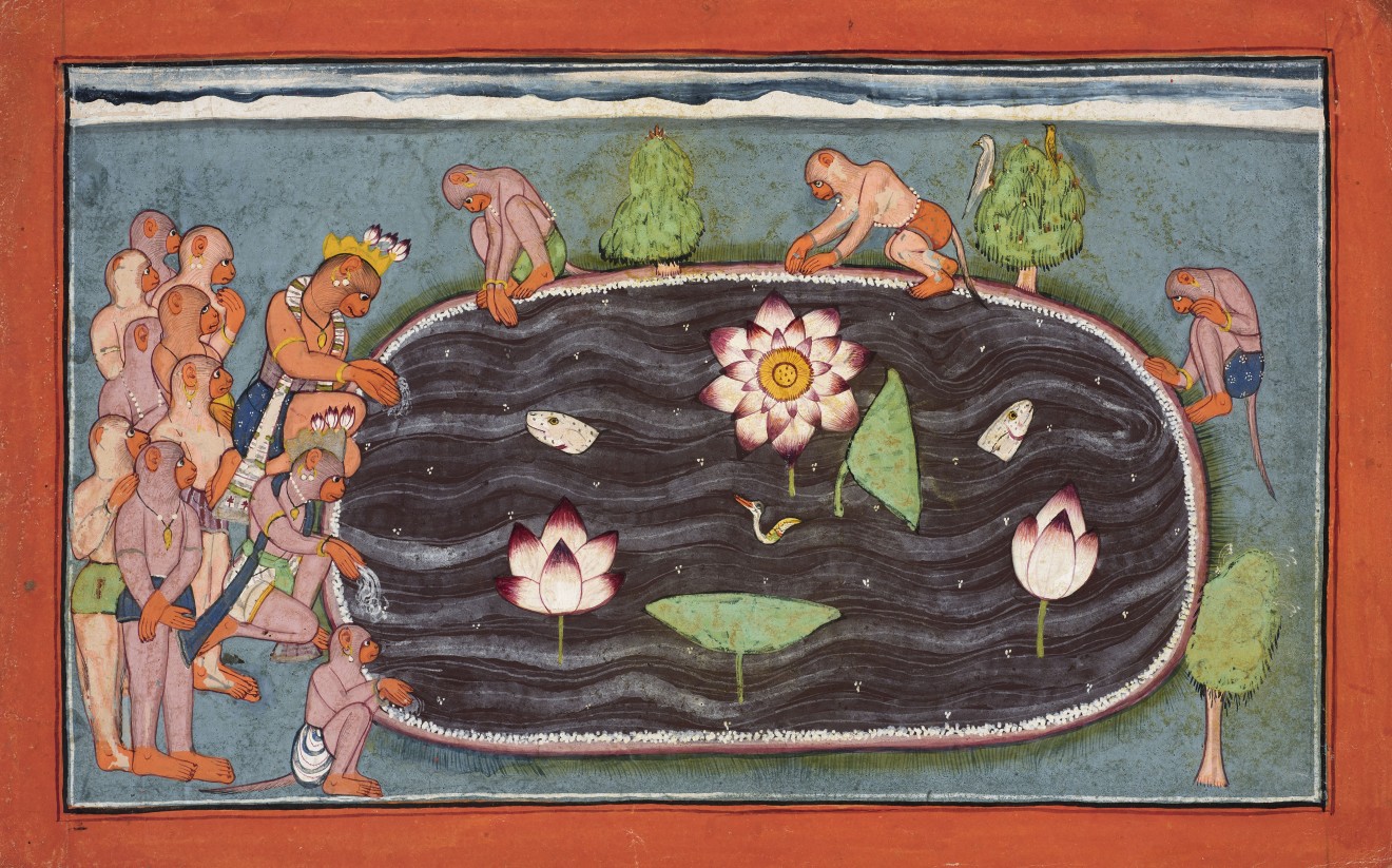 SUGRIVA AND HIS MONKEY RETINUE POUR WATER INTO A HOLY LAKE