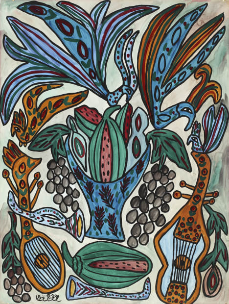 Baya Mahieddine, Nature morte avec mandores / Vase bleu, 1990