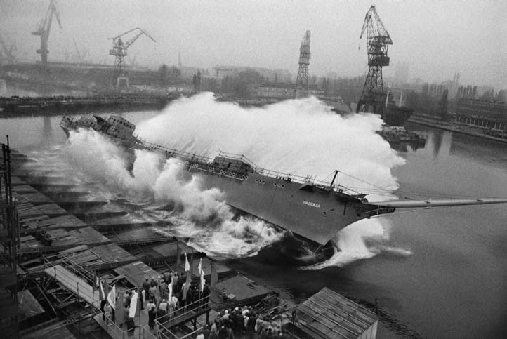 A ship is launched, Shipyards, Gdañsk, Poland,, 1990