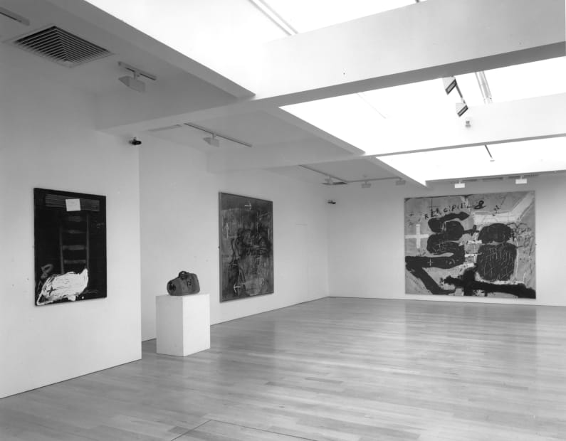 installation shot of an exhibition of paintings, sculptures and prints by the Spanish artist Antoni Tapies @ Annely Juda Fine Art, London