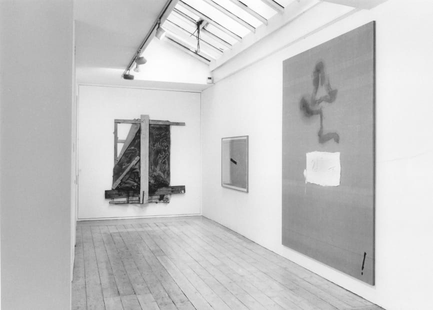 installation shot of an exhibition, in the ground floor gallery of Annely Juda Fine Art, of paintings, sculptures, drawings and prints by the Spanish artist Antoni Tapies.