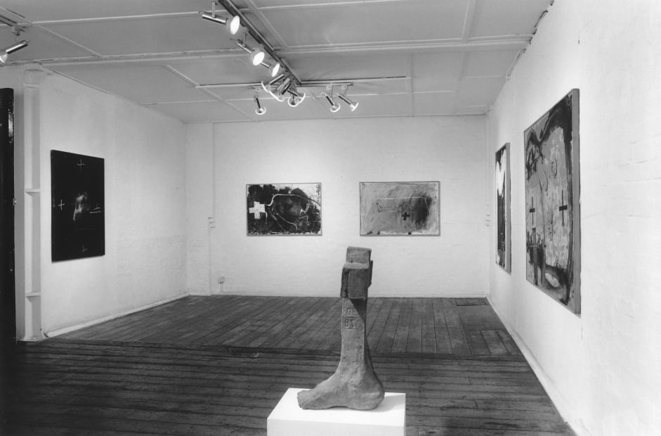 installation shot of an exhibition, in the ground floor gallery of Annely Juda Fine Art, of paintings, sculptures, drawings and prints by the Spanish artist Antoni Tapies.