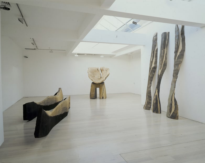 David Nash, recent Sculpture, Annely Juda Fine Art, London, 1996. description; an installation shot of a white gallery space with large carved wooden sculptures