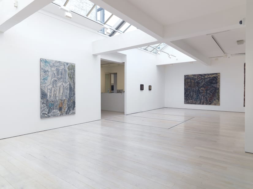 installation shot of the exhibition Leon Kossoff: A Life in Painting at Annely Juda Fine Art 2021
