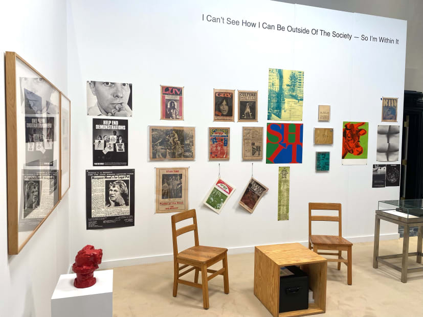 Installation view of many works on paper dating 1969 engaging with the socio-political climate of the time