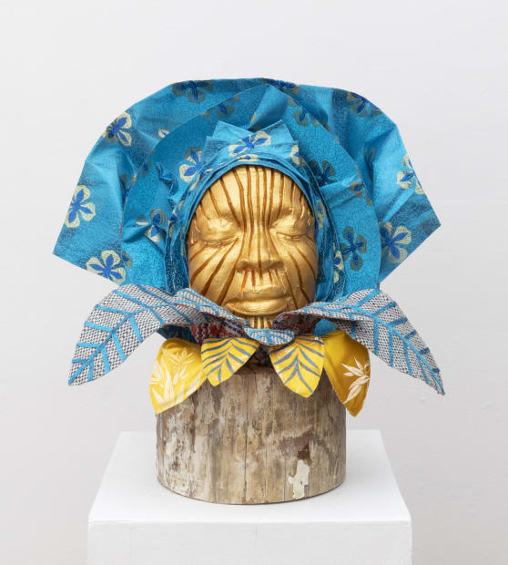 Layo Bright, Sunday Service & PamPam's Wedding, 2021, Gele, Ghana-must-go-bag, pottery, gold pigment, acrylic and wood, 17h x 18w x...