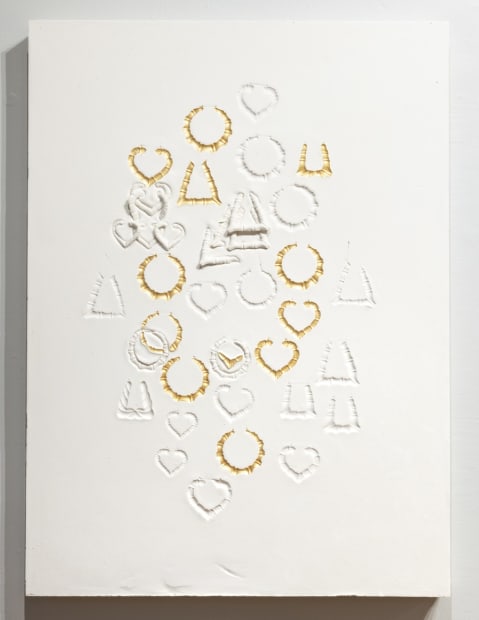 Lakela Brown, Doorknocker Composition with Twelve Gold, Impressions, 2021, Plaster and acrylic, 45h x 33w x 2d in