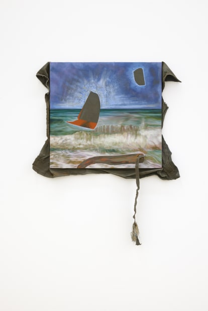 Sequence 2, oil on resuscitated north korean canvas, 57x60cm/North Korean Ghost Ship Chair with swaddled Japanese fishing parachute from Sada island Japan, 66Hx40Lx37Wcm, 2021