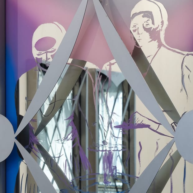 Detail, John was not born yet, 2023, glass, silver nitrate, acrylic lacquer and aluminum, 90 x 60 x 6 cm